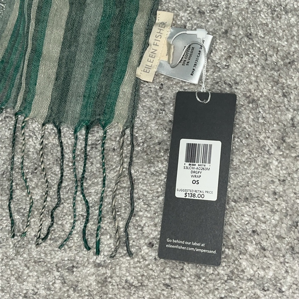 $138 NEW EILEEN FISHER STRIPED AIRY LINEN SCARF WRAP GREEN GRAY STRIPES NICE!!